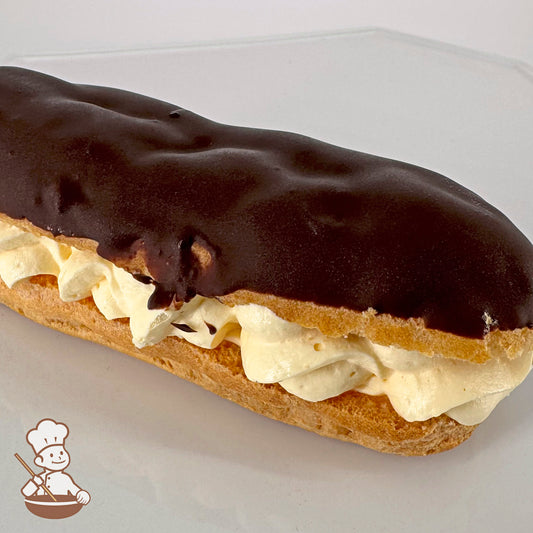 Eclair with Bavarian cream filling, topped with a smooth chocolate.