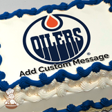 Edmonton Oilers logo with bold blue letters and orange drop on a white background, printed on a sheet cake.