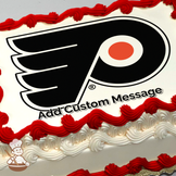 Philadelphia Flyers logo with a black wing and white P on a grey background, printed on a sheet cake.