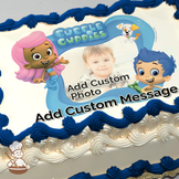 Bubble Guppies characters Molly and Gil with a puppy, set against a blue watery background, printed on a sheet cake.