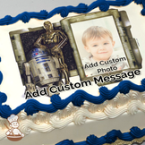 Illustration of R2-D2 and C-3PO from Star Wars, with a placeholder for a custom photo, printed on a sheet cake.