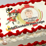 Cartoon illustration of Marshall from PAW Patrol in firefighter gear, with a placeholder for a photo and message, on a sheet cake.