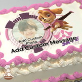 Cartoon character Skye from PAW Patrol flying next to a circular pink and purple frame with space for a photo, printed on a sheet cake.