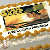 Illustration of Rey from Star Wars holding a lightsaber, with a desert landscape in the background, printed on a sheet cake.