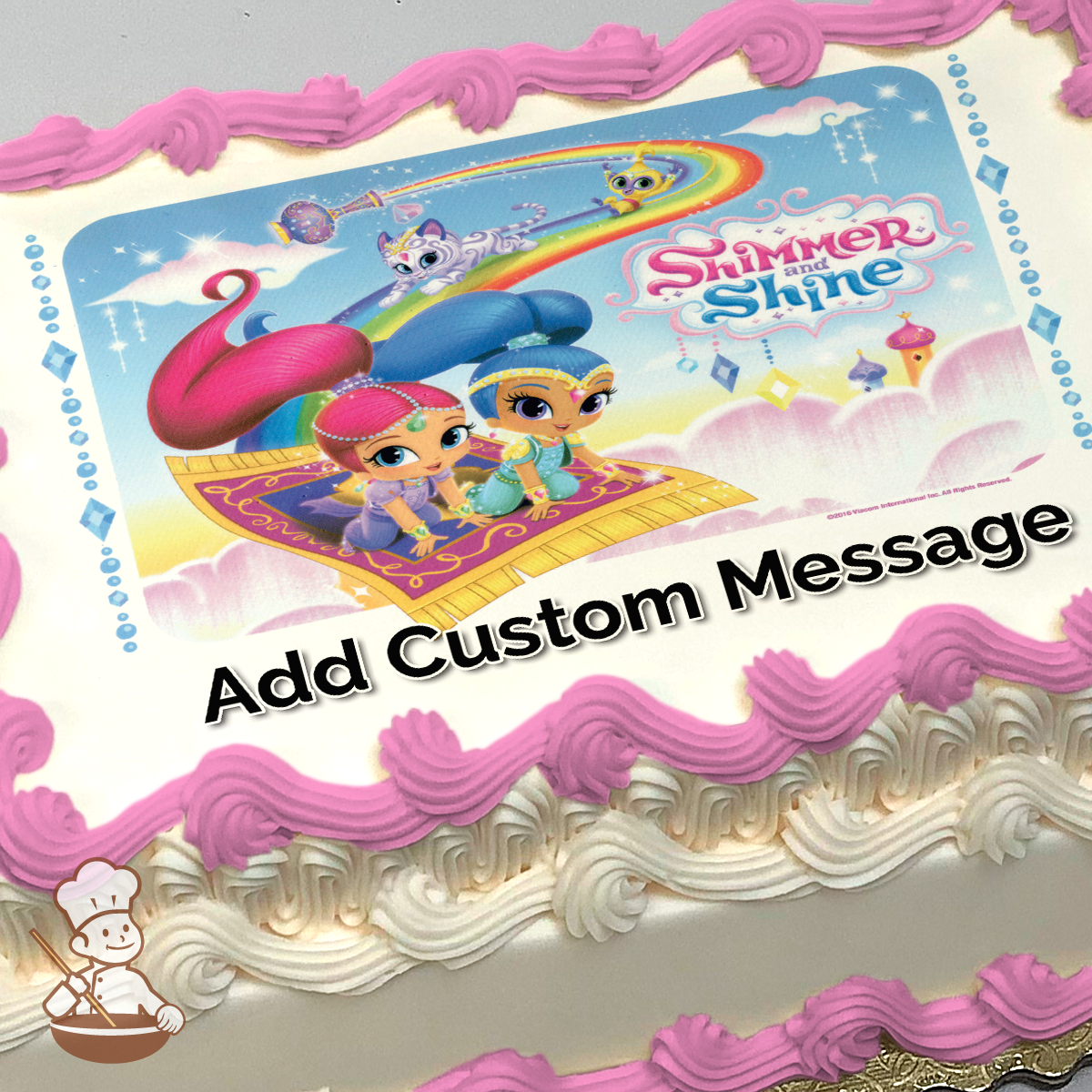 Illustration of Shimmer and Shine on a flying carpet with their pets, printed on a sheet cake.