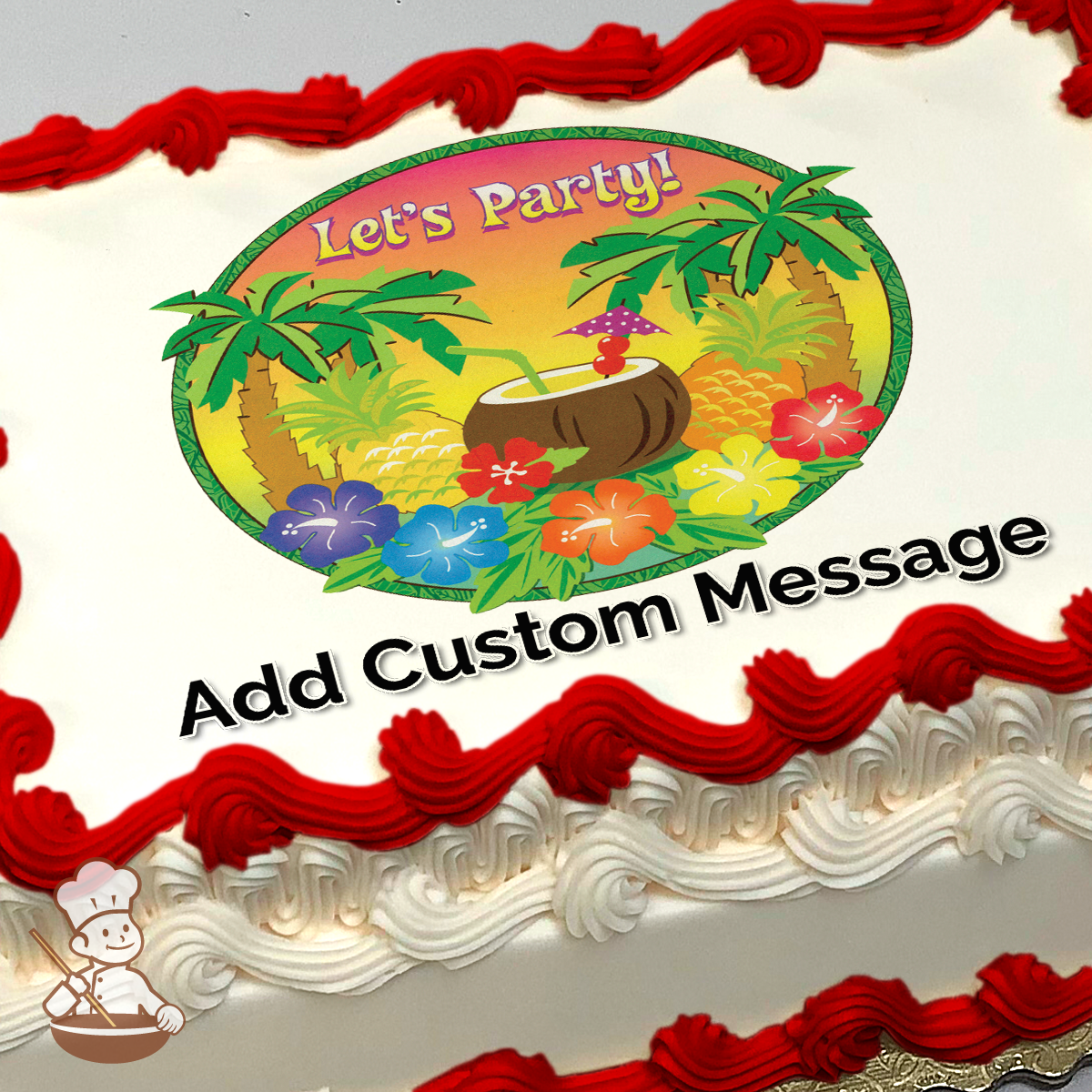 Tropical 'Let's Party' theme with palm trees, sunset, and colorful flowers printed on a sheet cake.