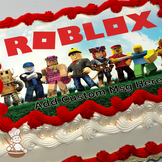 Illustration of Roblox characters standing together with a cloudy sky background, printed on a sheet cake.