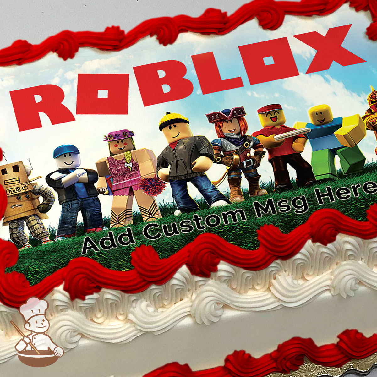 Illustration of Roblox characters standing together with a cloudy sky background, printed on a sheet cake.