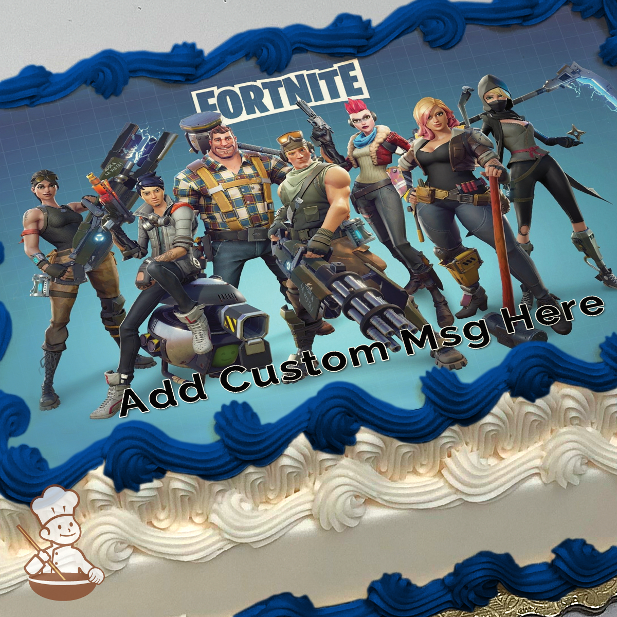 Fortnite characters with weapons on a grid background, featuring Jonesy, Ramirez, and more friends, printed on a sheet cake.