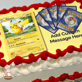 Illustration of Pikachu Pokémon card prominently displayed with additional Pokémon cards fanned out behind it, printed on a sheet cake.