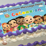 Cocomelon characters smiling with a blue sky and clouds in the background, printed on a sheet cake.