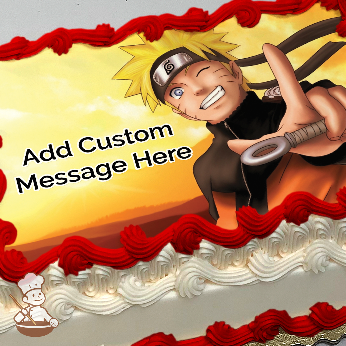 Illustration of Naruto Uzumaki winking and holding a kunai, with a sunset sky background, printed on a sheet cake.