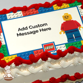 Classic LEGO minifigure in red shirt and blue pants with a border of colorful LEGO bricks, printed on a sheet cake.