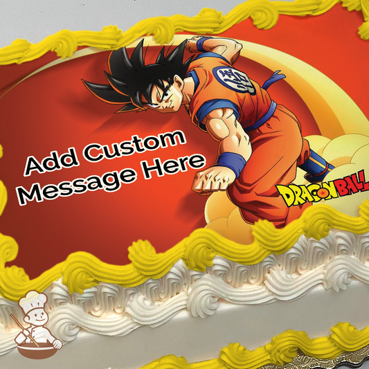 Goku from Dragon Ball in a dynamic pose against a fiery orange background, printed on a sheet cake.