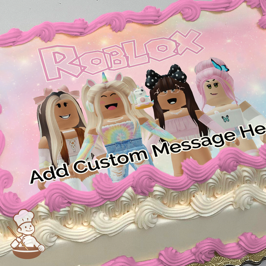 Illustration of Roblox characters with smiling avatars against a pink starry background, printed on a sheet cake.