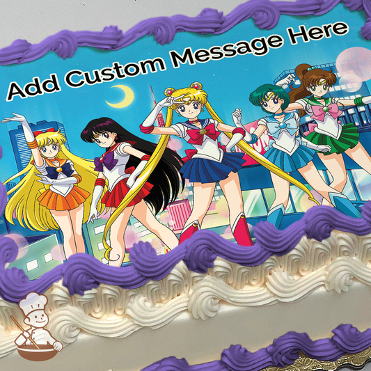 Illustration of Sailor Moon and friends, posed heroically against a cityscape at dusk, printed on a sheet cake.