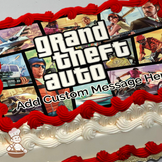 Collage of Grand Theft Auto characters and action scenes with cars and helicopters, printed on a sheet cake.