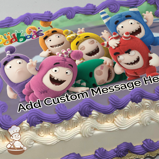 Illustration of Oddbods characters Fuse, Pogo, Bubbles and friends in a group pose, printed on a sheet cake.