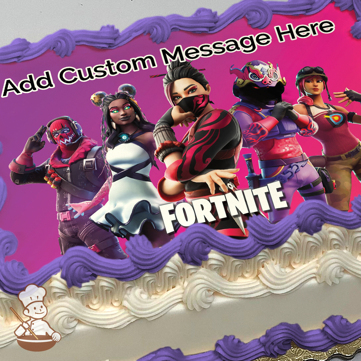 Fortnite characters in action poses with vibrant outfits against a pink background, printed on a sheet cake.