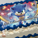 Illustration of Sonic the Hedgehog with an intense expression, surrounded by lightning and drones, printed on a sheet cake.