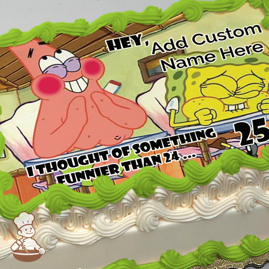 Cartoon image of Patrick Star and SpongeBob SquarePants laughing, with text bubbles, inside the Krusty Krab. Image printed on a sheet cake.