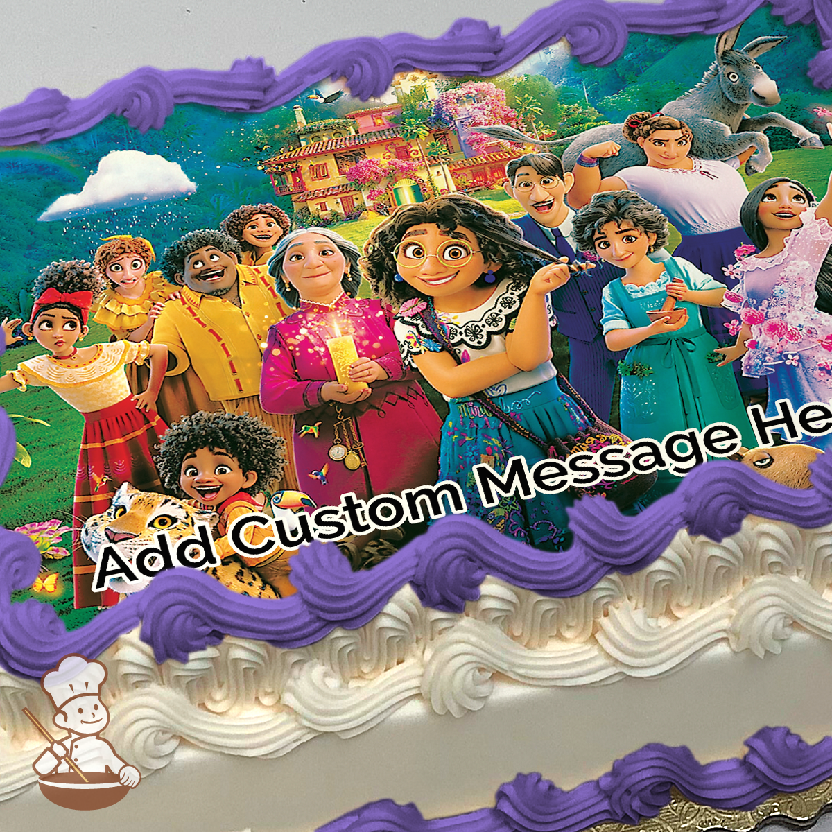 Mirabel with the Madrigal family and friends, in front of their magical house, printed on a sheet cake.