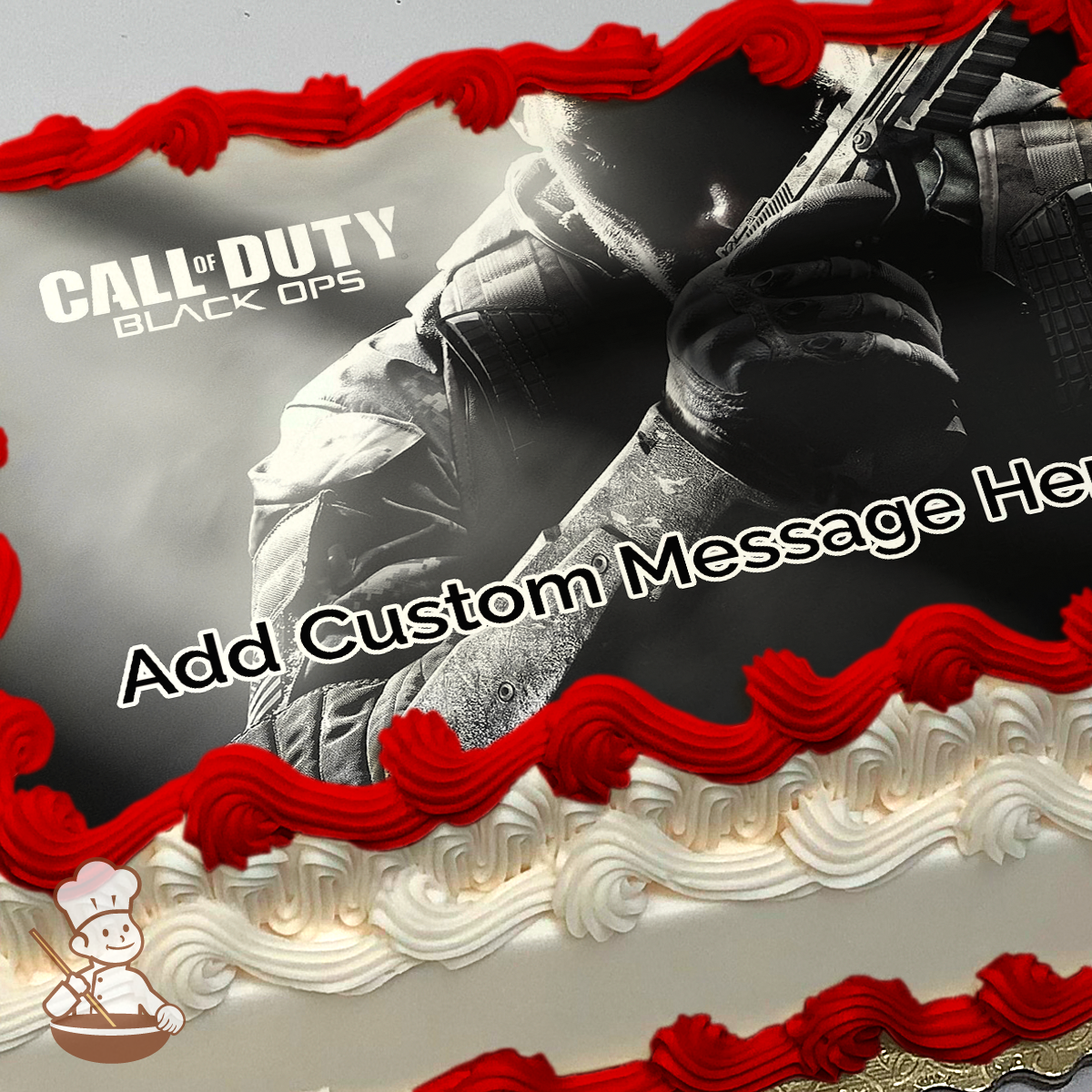 A soldier holding a gun from Call of Duty: Black Ops, with a black and white smoky background, printed on a sheet cake.