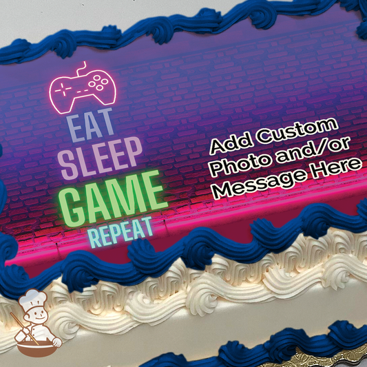 Neon-style gaming controller with "EAT SLEEP GAME REPEAT" text on a brick wall background, printed on a sheet cake.