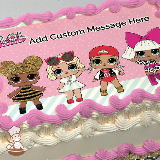 Three LOL Surprise dolls in stylish outfits on a pink polka dot background, printed on a sheet cake.