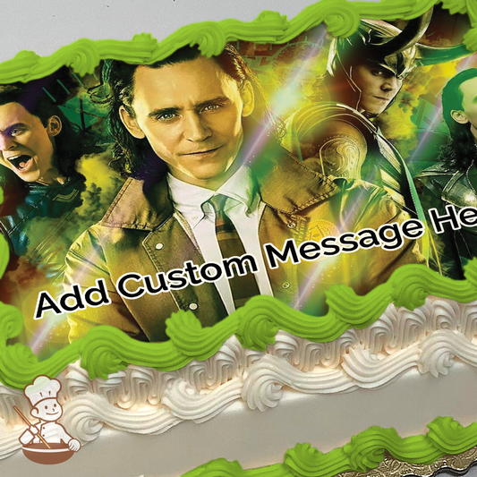 Loki in various poses with a mischievous expression, colorful cosmic background, printed on a sheet cake.