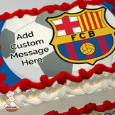 FC Barcelona crest with blue and red stripes, a football, printed on a sheet cake.