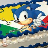 Sonic the Hedgehog pointing to the sky, against a colorful abstract background, printed on a sheet cake.