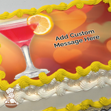 Illustration of a vibrant cosmopolitan cocktail with a lemon slice, against a blurred orange and red background, printed on a sheet cake.