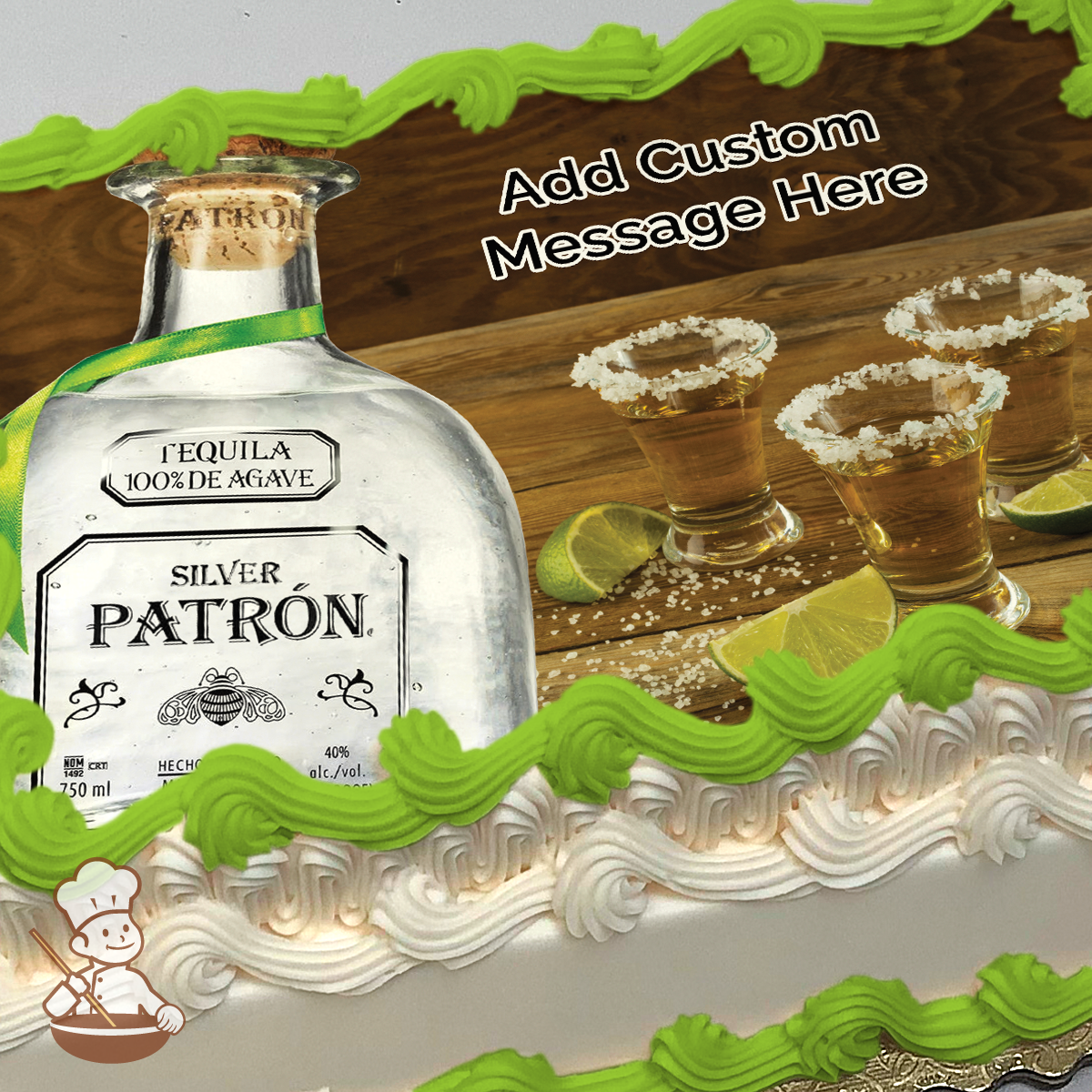 Illustration of a Patron Silver tequila bottle with three salt-rimmed shots and lime wedges on a wooden surface, printed on a sheet cake.