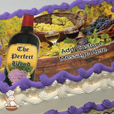 Illustration of a wine bottle labeled "The Perfect Blend" with grapes and wine glasses in a vineyard setting, printed on a sheet cake.