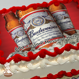 Three Budweiser beer bottles with condensation, against a red background, printed on a sheet cake.