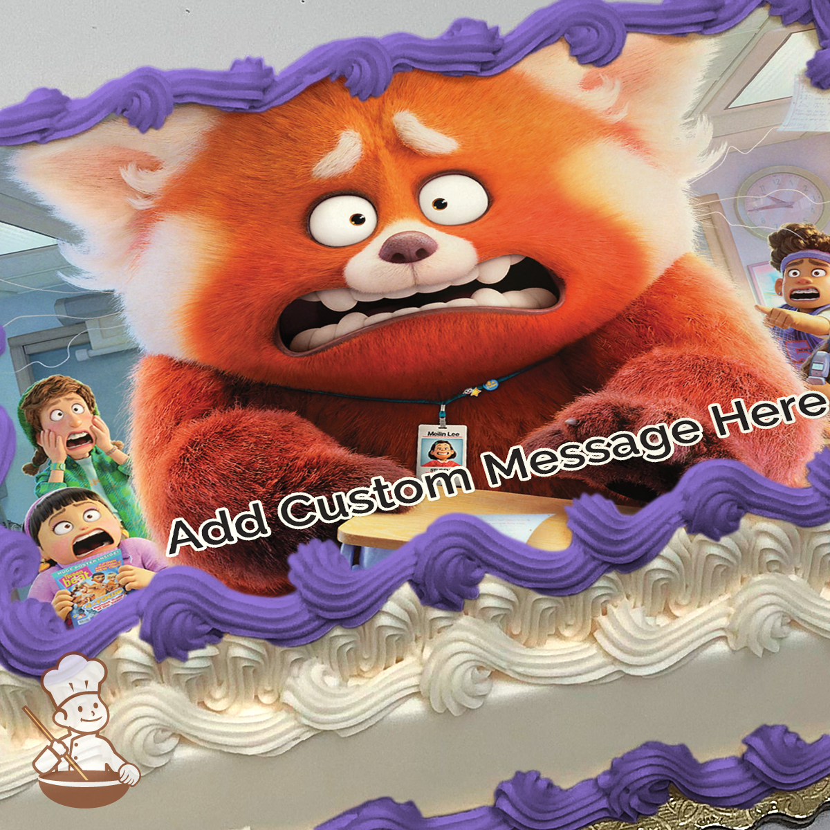 Illustration of a startled red panda (Mei Lee) with two children expressing surprise in a school setting, printed on a sheet cake.