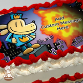 Cartoon dog in a police outfit standing on a cityscape with a fiery explosion in the background, printed on a sheet cake.