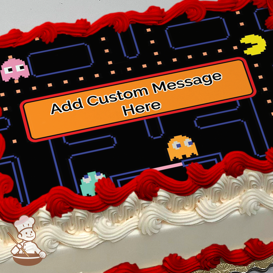 Retro arcade game scene with Pac-Man and ghosts, set against a maze-like background, printed on a sheet cake.