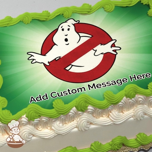 Ghostbusters logo with friendly ghost emerging from red no-ghost sign on a green radiant background, printed on a sheet cake.