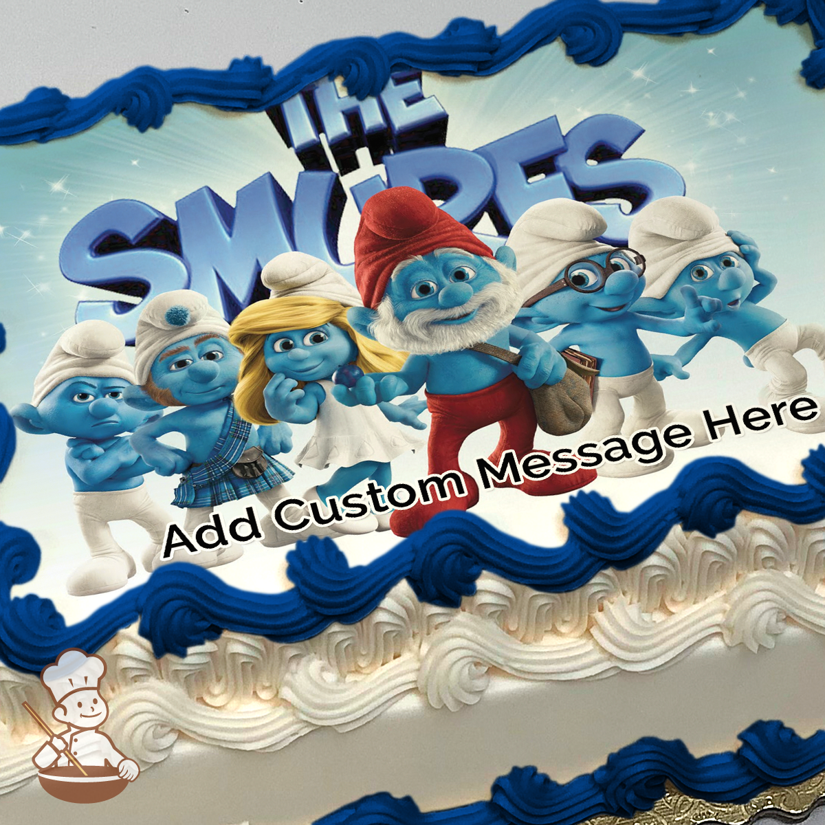 Illustration of Smurfs with Papa Smurf, Smurfette, and friends, against a cloudy sky backdrop, printed on a sheet cake.