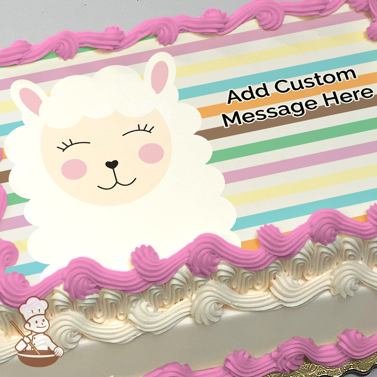 Smiling cartoon llama with closed eyes and rosy cheeks on a striped pastel background, printed on a sheet cake.