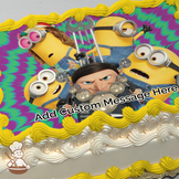 Illustration of Gru and Minions with a psychedelic swirl background, printed on a sheet cake.