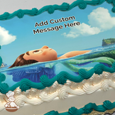 Luca floating in water with tropical island background, printed on a sheet cake.