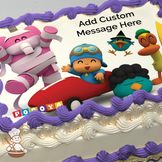 Illustration of Pocoyo in a red car, with friends Elly and Pato, on a white background, printed on a sheet cake.