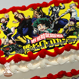 Deku, All Might, Bakugo, and friends from My Hero Academia pose against a yellow background, printed on a sheet cake.