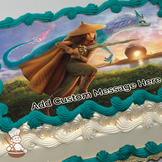 A warrior girl with a hat and dragon friends, in a grassy field at sunset, printed on a sheet cake.