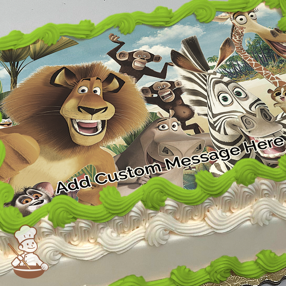 A smiling lion, surrounded by animated animal friends including a zebra and a hippo, set against a jungle backdrop, printed on a sheet cake.