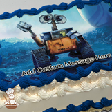 WALL-E, the robot, waving with a post-apocalyptic landscape in the background, printed on a sheet cake.