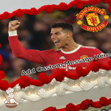 Cristiano Ronaldo in Manchester United red jersey celebrating on the pitch, printed on a sheet cake.